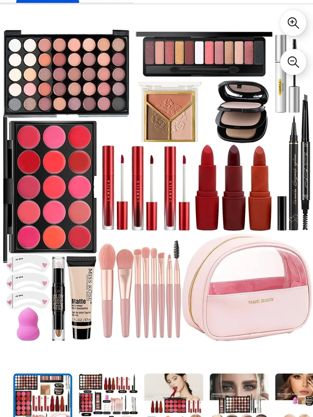 Travel Pink Lipstick and Makeup Set with Brushes & Lip Palette - Women Makeup